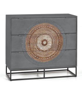 Cómoda étnica de madera tallada a mano con base de hierro negro. 1