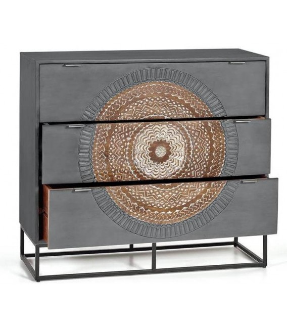 Cómoda étnica de madera tallada a mano con base de hierro negro. 2