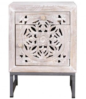 Mesita étnica de mango tallado blanqueado y metal gris artesanal. 1