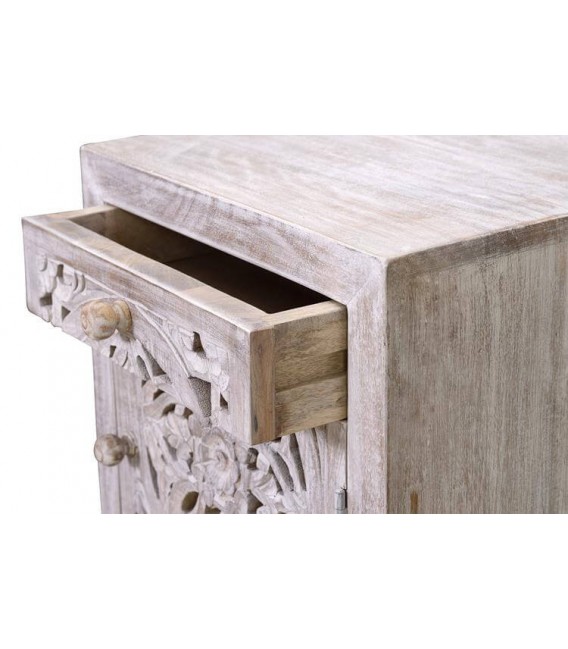 Mesita étnica de mango tallado blanqueado y metal gris artesanal. 4