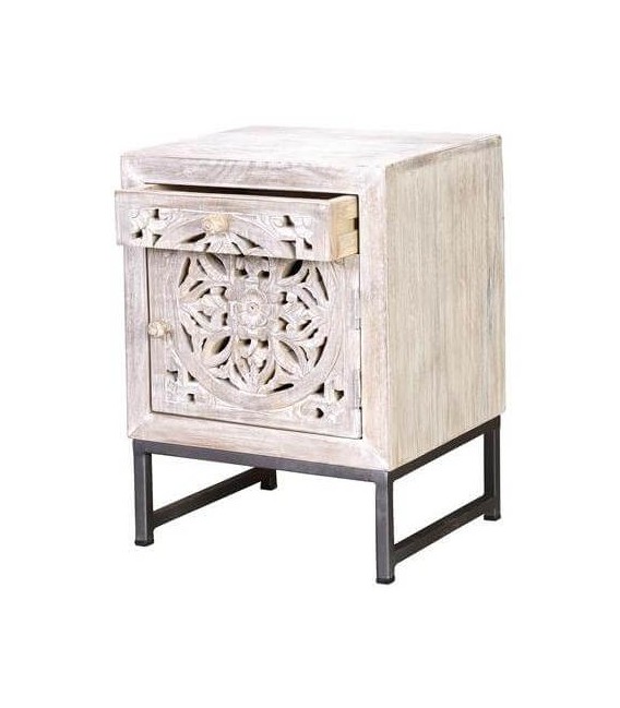 Mesita étnica de mango tallado blanqueado y metal gris artesanal. 2