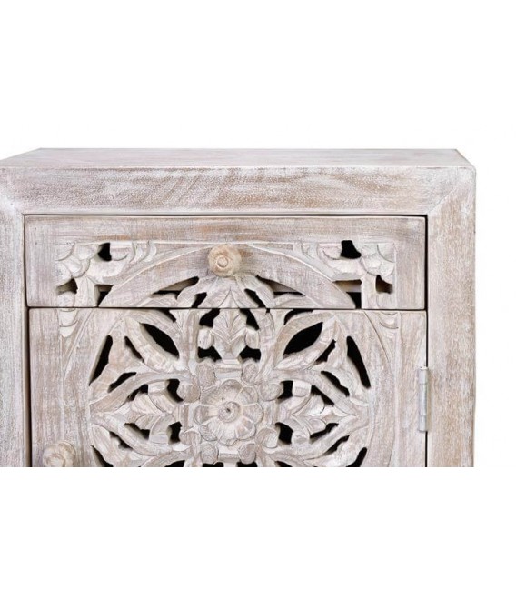 Mesita étnica de mango tallado blanqueado y metal gris artesanal. 5