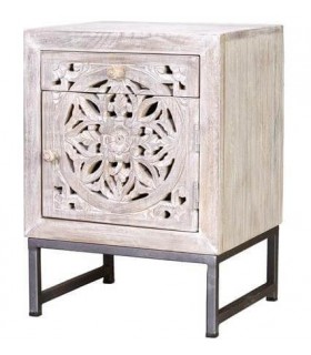 Mesita étnica de mango tallado blanqueado y metal gris artesanal. Mdmhogar
