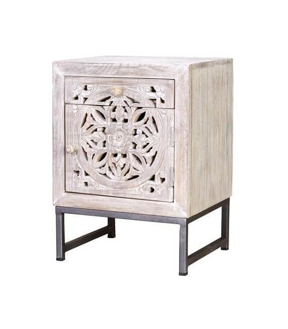 Mesita étnica de mango tallado blanqueado y metal gris artesanal. Mdmhogar