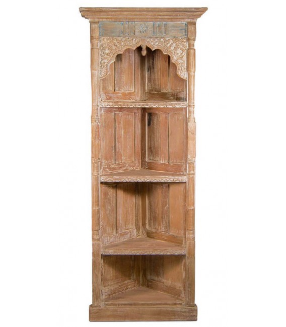 Estantería de rincón étnica madera de mango tallada a mano natural. 1