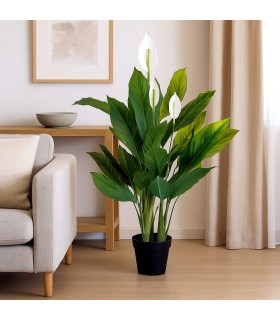 Planta artificial lirio japonés verde y blanco maceta negra interior. Mdmhogar