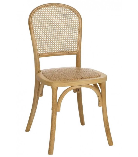 Silla de comedor boho de madera de roble y ratán trenzado natural.