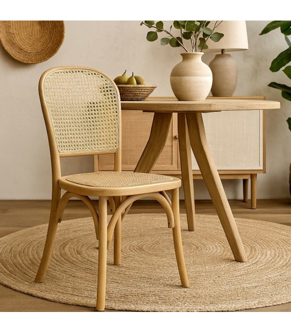 Silla de comedor boho de madera de roble y ratán trenzado natural. Mdmhogar