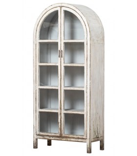 Vitrina curva boho madera decapada en blanco y 2 puertas de cristal.
