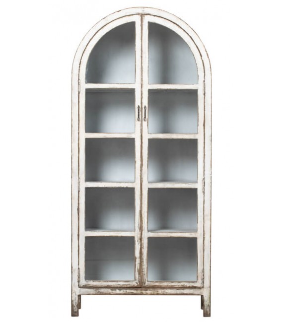 Vitrina curva boho madera decapada en blanco y 2 puertas de cristal.1