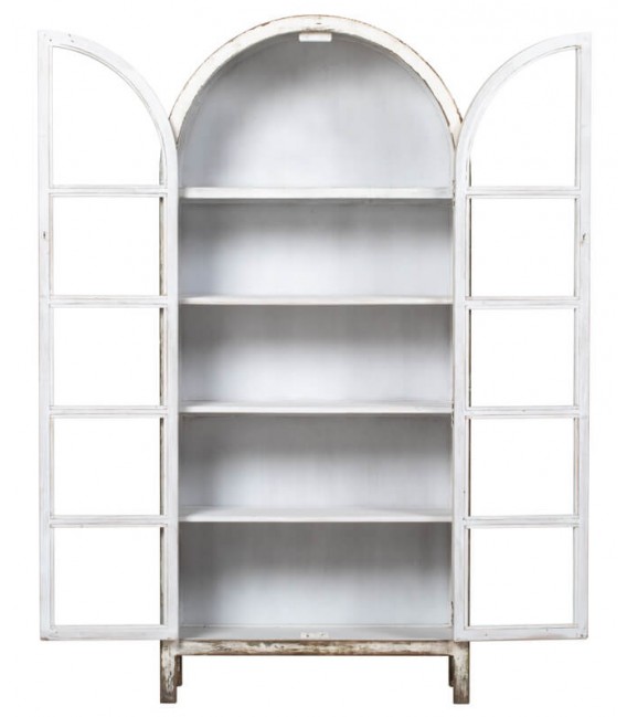 Vitrina curva boho madera decapada en blanco y 2 puertas de cristal.2