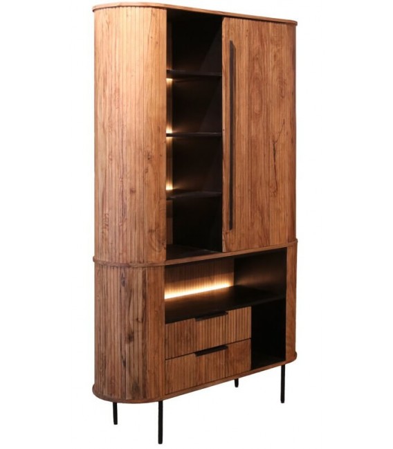 Armario combinado boho madera acacia nogal LED, 2 cajones y 1 puerta. Mdmhogar