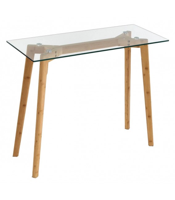 Consola de entrada de bambú natural y cristal templado minimalista.