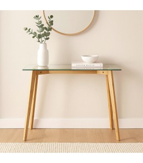 Consola de entrada de bambú natural y cristal templado minimalista. Mdmhogar