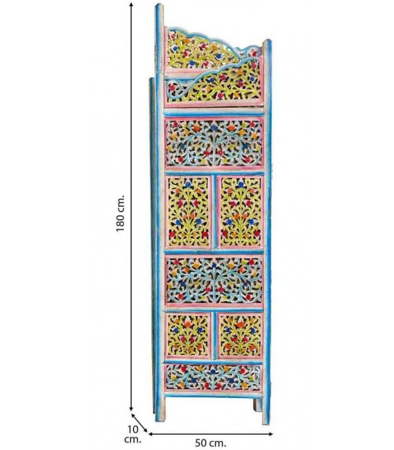 Biombo de 4 hojas de madera de mango tallada a mano y policromada.