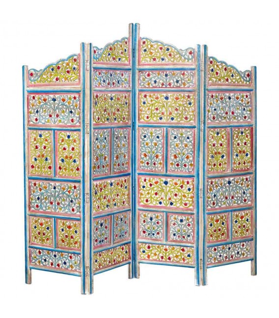 Biombo de 4 hojas de madera de mango tallada a mano y policromada. Mdmhogar