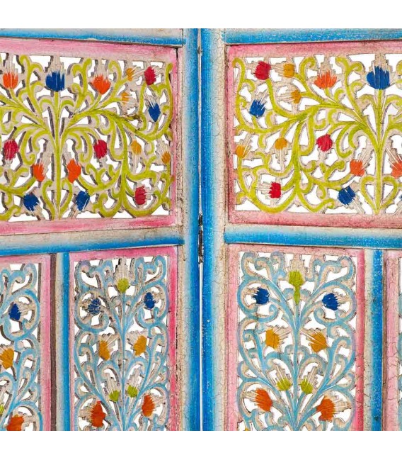 Biombo de 4 hojas de madera de mango tallada a mano y policromada. 3