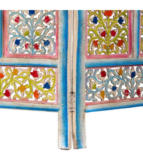 Biombo de 4 hojas de madera de mango tallada a mano y policromada. 4