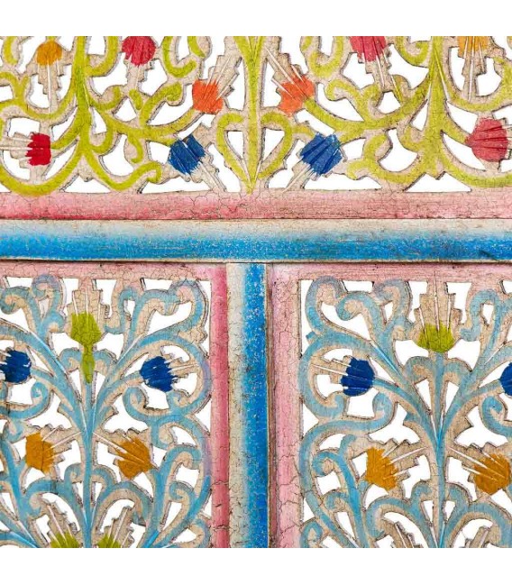 Biombo de 4 hojas de madera de mango tallada a mano y policromada. 2