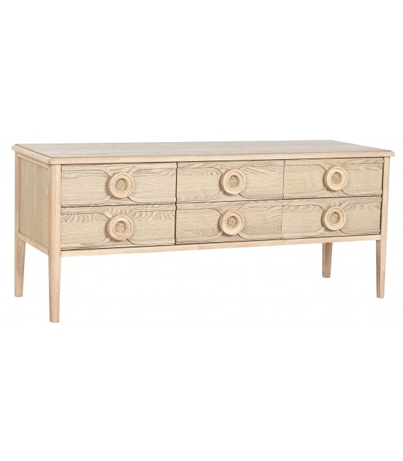 Mueble de TV madera abeto y ratán natural con 6 cajones estilo boho.