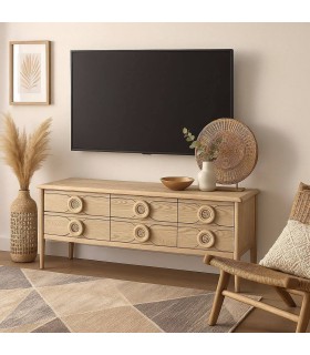 Mueble de TV madera abeto y ratán natural con 6 cajones estilo boho. Mdmhogar