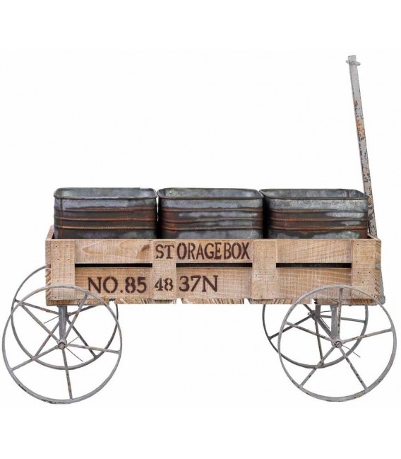 Carro expositor vintage de madera natural con metal envejecido. 1