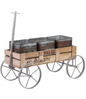 Carro expositor vintage de madera natural con metal envejecido.