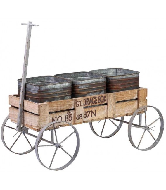 Carro expositor vintage de madera natural con metal envejecido.