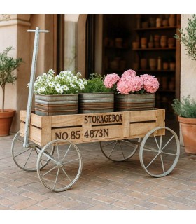 Carro expositor vintage de madera natural con metal envejecido. Mdmhogar