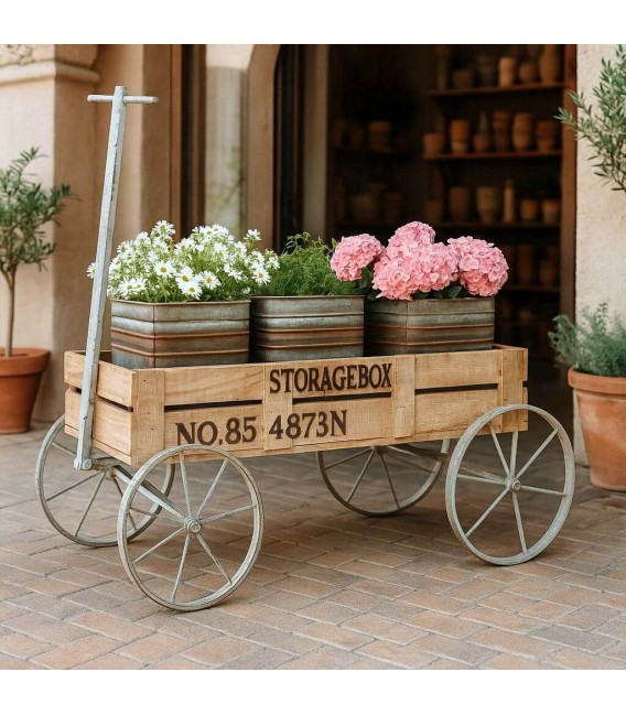 Carro expositor vintage de madera natural con metal envejecido. Mdmhogar
