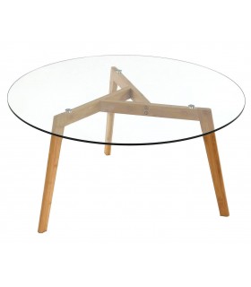 Mesa de centro redonda de bambú natural y tapa de cristal templado.