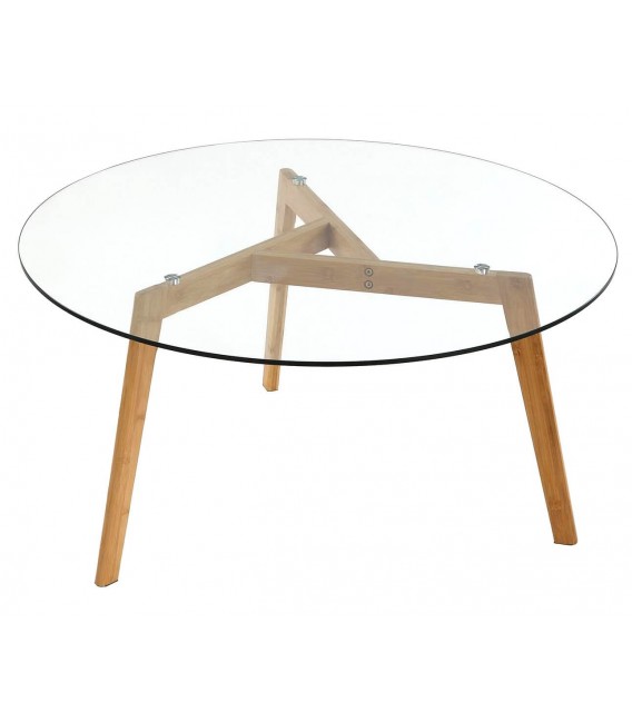 Mesa de centro redonda de bambú natural y tapa de cristal templado.
