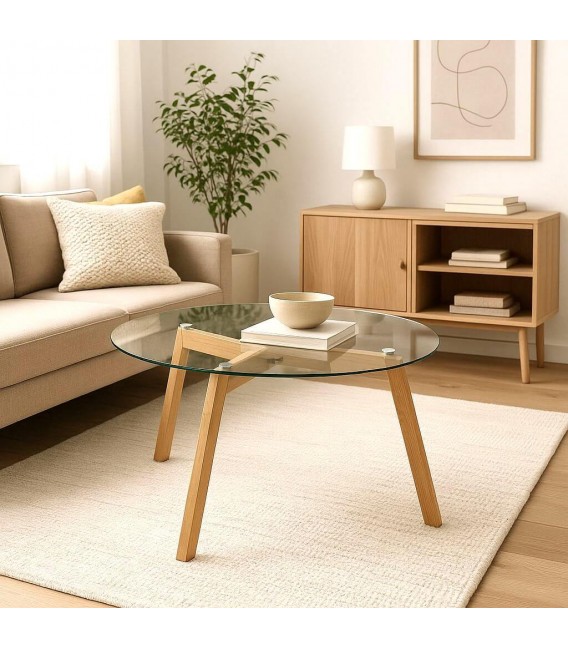 Mesa de centro redonda de bambú natural y tapa de cristal templado. Mdmhogar