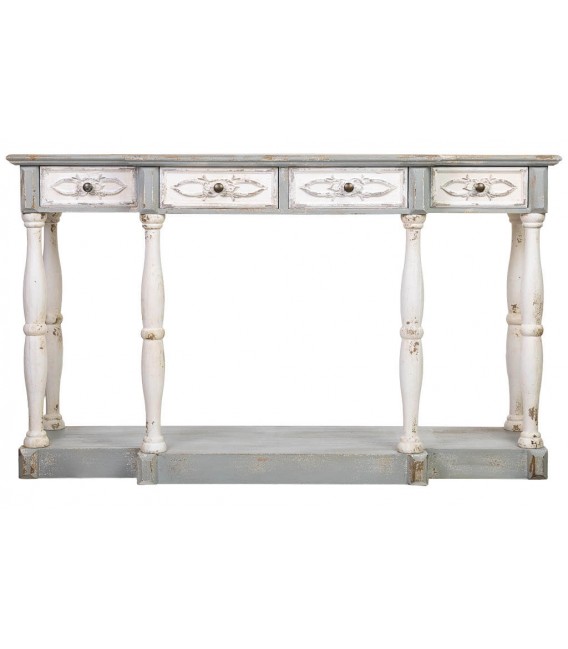 Consola clásica grande de madera tallada decapada en blanco y gris. 1