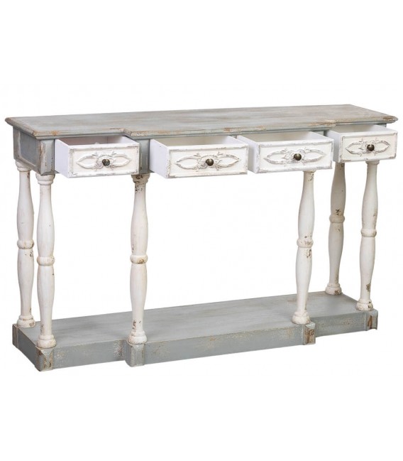 Consola clásica grande de madera tallada decapada en blanco y gris. 2