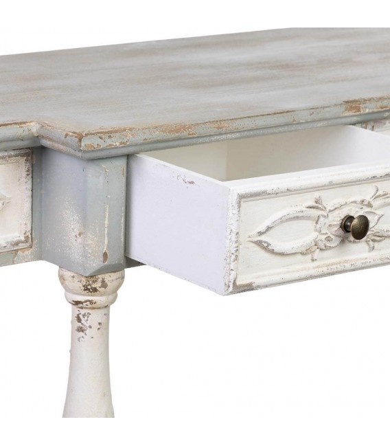 Consola clásica grande de madera tallada decapada en blanco y gris. 4