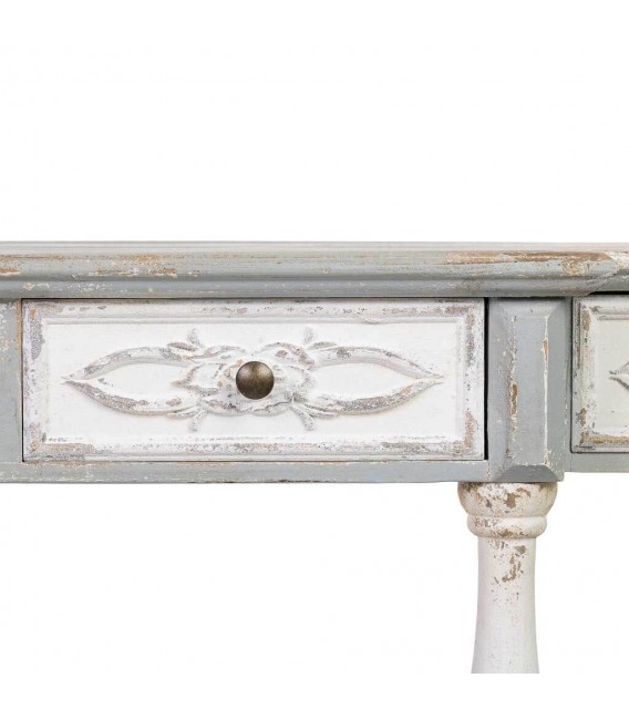 Consola clásica grande de madera tallada decapada en blanco y gris. 5