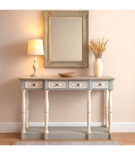 Consola clásica grande de madera tallada decapada en blanco y gris. Mdmhogar