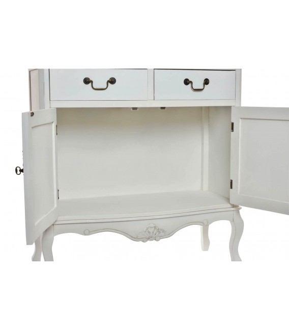 Vitrina romántica blanca con puertas de cristal y detalles tallados. 4