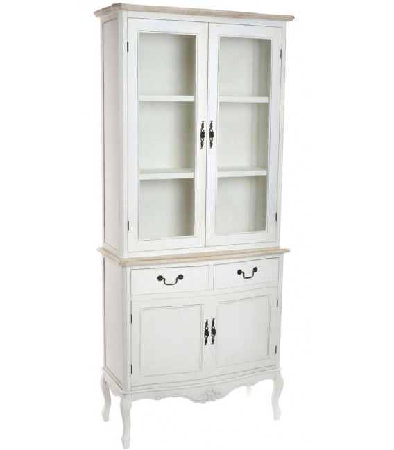 Vitrina romántica blanca con puertas de cristal y detalles tallados.