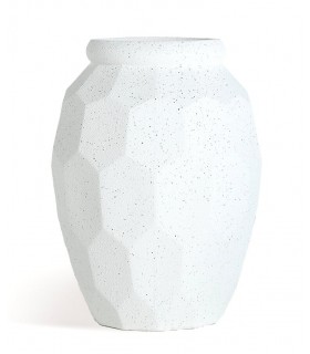 Macetero mediano de poli resina blanco moteado con textura geométrica 1