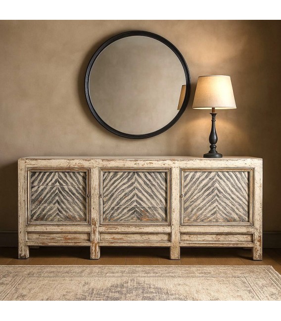 Aparador grande de madera boho con puertas decoradas a mano. Mdmhogar