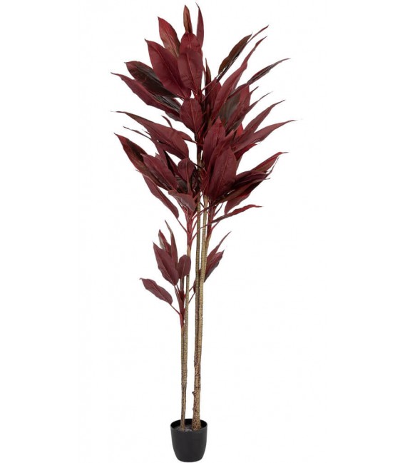 Planta artificial roja alta con macetero negro de estilo exótico.