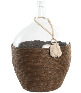 Jarrón artesanal de cristal y fibra natural con adorno decorativo