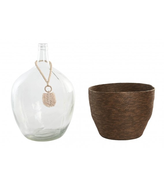 Jarrón artesanal de cristal y fibra natural con adorno decorativo 1