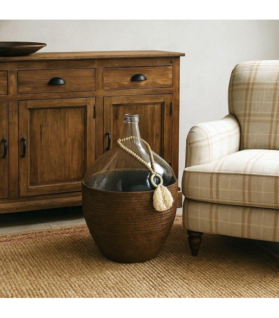 Jarrón artesanal de cristal y fibra natural con adorno decorativo Mdmhogar