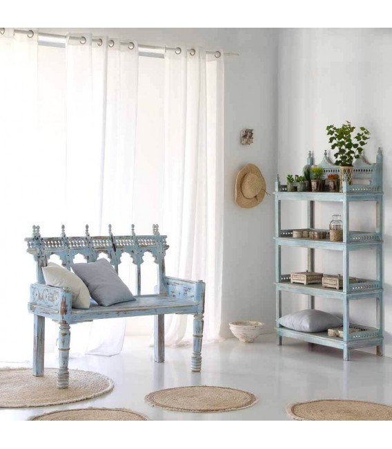 Estantería étnica azul rozado de madera maciza tallada a mano. 3