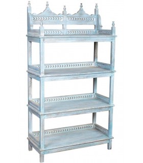 Estantería étnica azul rozado de madera maciza tallada a mano. Mdmhogar