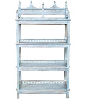 Estantería étnica azul rozado de madera maciza tallada a mano. 1