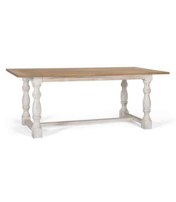 Mesa XL de comedor en madera natural y patas blancas torneadas.